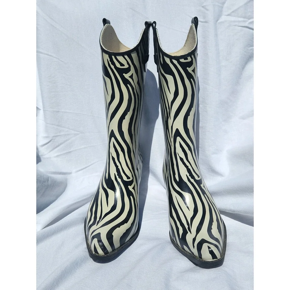 Corkys Zebra Print Rubber Cowboy Boots Black White Western Rain Boots Womens 8